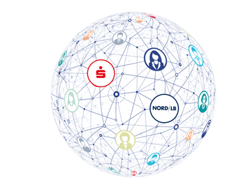 Das Bild zeigt einen Kreis mit vernetzten Bahnen zwischen Icons, die einerseits Personen als Piktogramm zeigen und einem Icon mit NORD/LB- und Sparkassen-Logo.