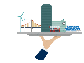 Die Illustration zeigt eine Hand, die ein Tablett hoch hält. Auf diesem Tablett steht ein Windrad, eine Brücke, ein Krankenhaus, eine Solaranlage und eine Feuerwehr.