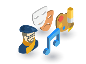 Die Illustration zeigt einen Mann mit Baskenmütze und Schal, eine Note, einen Pinsel und eine Farbpalette sowie zwei Masken.