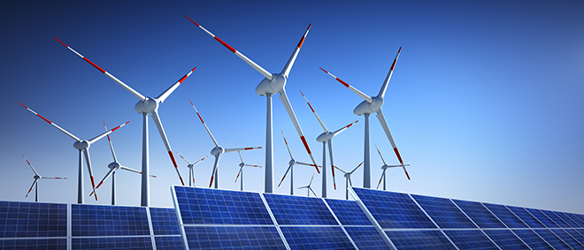 Bild mit Windrädern und Solarmodule